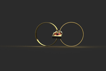 Metal lock with a heart pad. Gold rings in the castle. 3d rendering on the theme of weddings, love, relationships. Dark background.