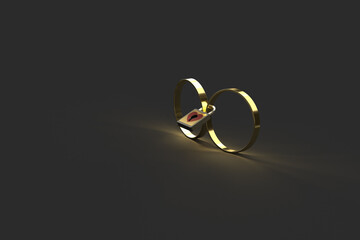 Metal lock with a heart pad. Gold rings in the castle. 3d rendering on the theme of weddings, love, relationships. Dark background.