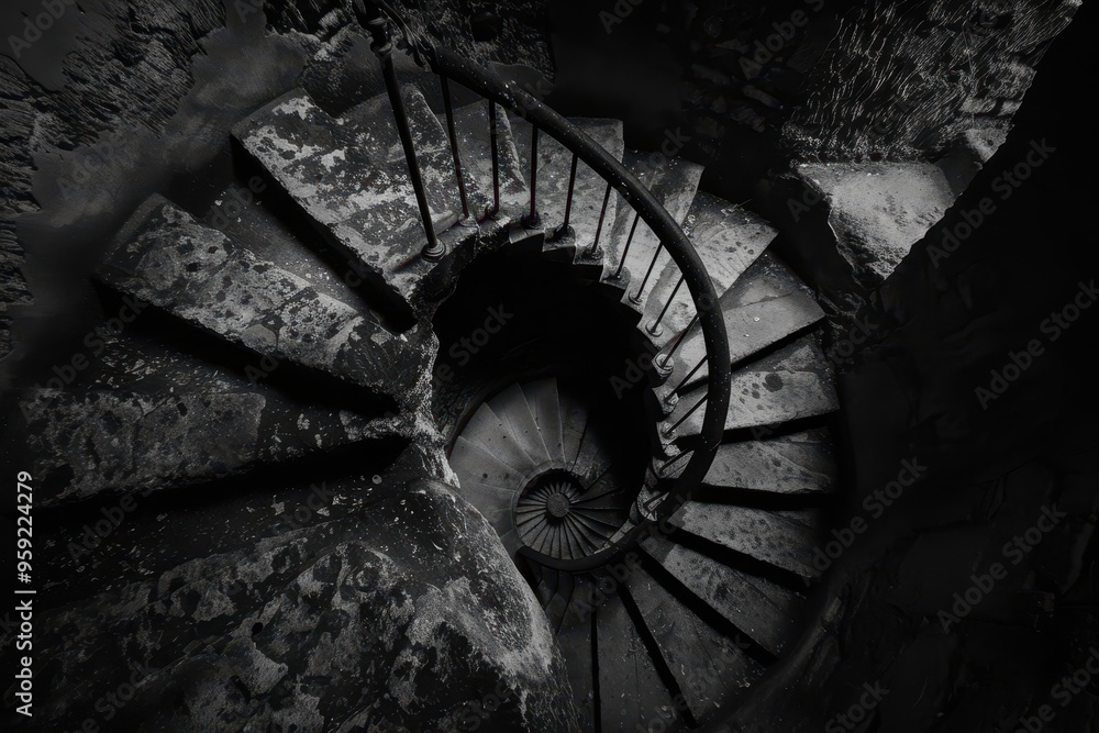 Poster a spiral staircase in a building with a black and white photo spiral staircase ascending into the un