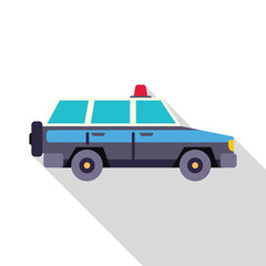 Classic police car driving with siren lights on in side view