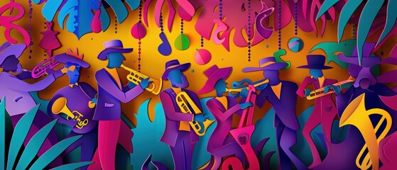 Fototapeta premium A vibrant jazz band illustration showcasing musicians playing brass instruments against a colorful backdrop.