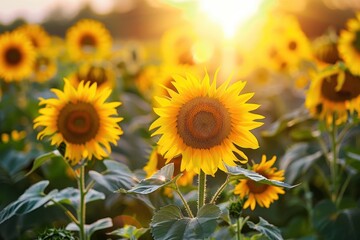 a field of sunflowers with the sun shining through the sky vibrant field of sunflowers basking in the sunlight