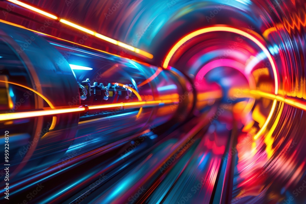 Poster a vibrant tunnel with colorful lights, representing speed and technology in a dynamic, futuristic en