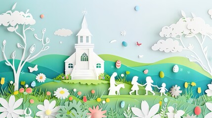 Fototapeta premium A whimsical paper art scene depicting a church with children exploring a colorful spring landscape filled with flowers and eggs.