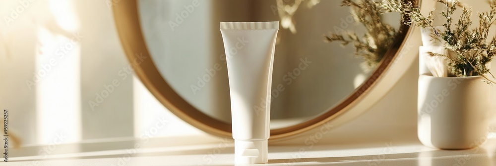 Aufkleber a tube of cream rests on a white surface, reflecting softly in a round mirror, surrounded by gentle 
