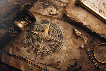 A gold compass sits on top of a piece of paper with a map of the world