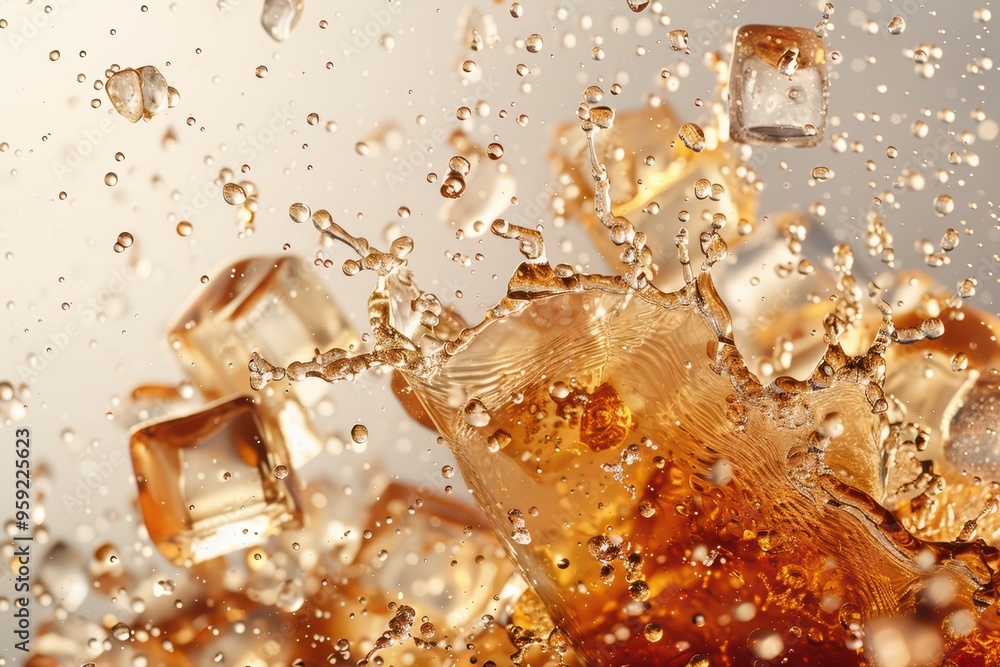 Poster Bubbles and ice cubes splash in a refreshing carbonated drink, creating a dynamic and vibrant atmosphere for beverage imagery.