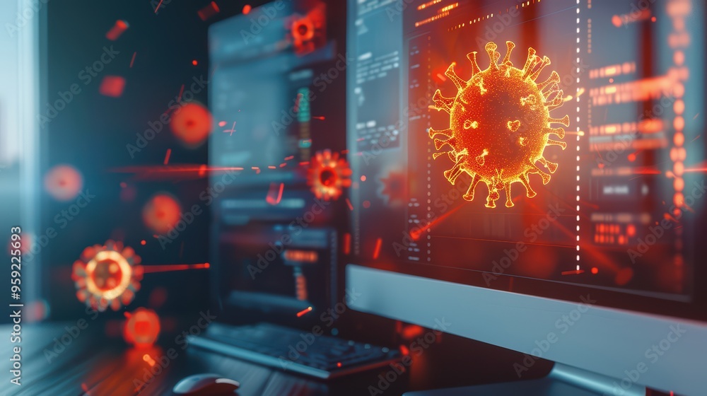 Poster close-up of a computer screen displaying digital representations of viruses, highlighting technology
