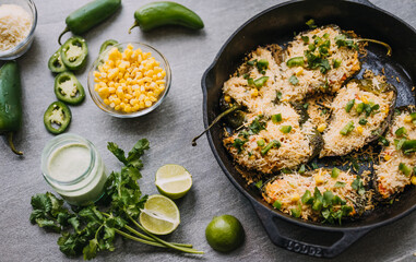 A plate of stuffed poblano peppers, filled with rice, cheese, and vegetables.
