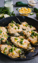 Poblano papers in a cast iron skillet