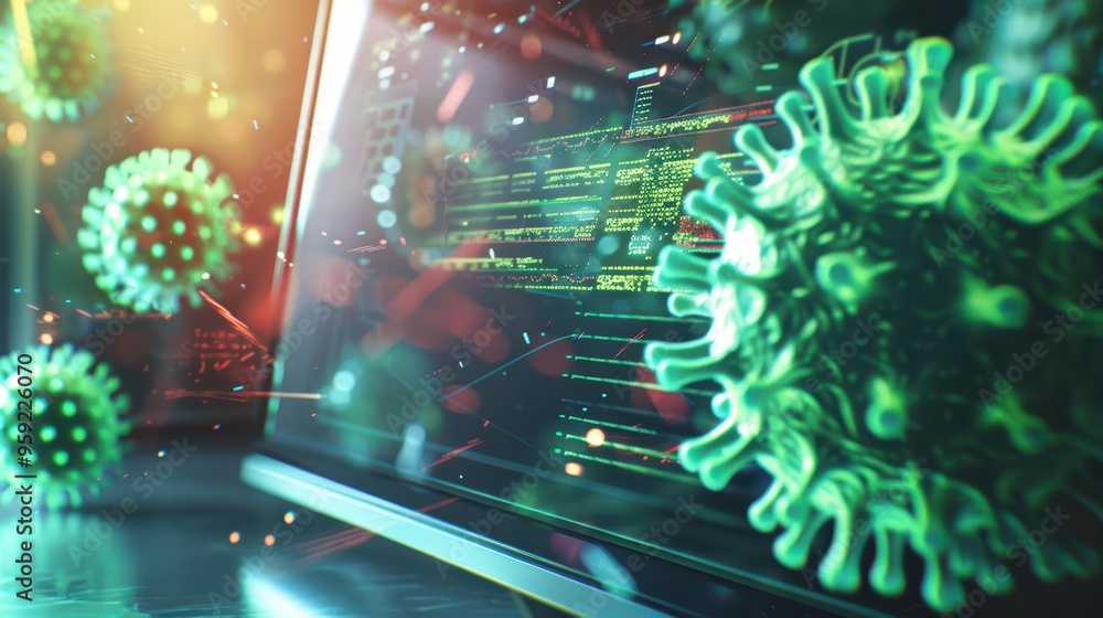 Poster conceptual image of virus detection on a computer screen, showcasing technology and health intersect