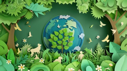 Colorful paper cut art depicting a vibrant world surrounded by nature and wildlife, symbolizing harmony and ecological balance.