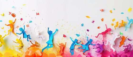 Fototapeta premium Colorful paper figures dance joyfully amidst splashes of vibrant paint, embodying creativity, happiness, and artistic expression.