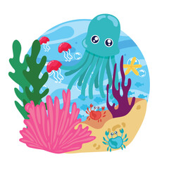 Cute squid with sea creatures in ocean scene Vector