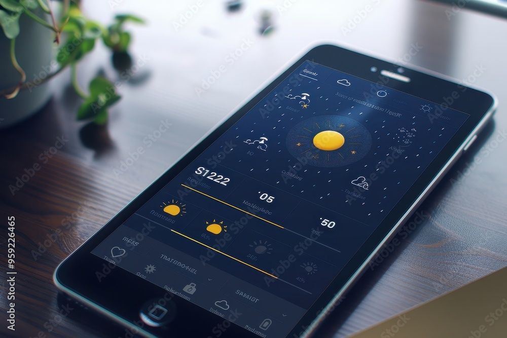 Poster a cell phone sitting on a table next to a plant user interface for a weather application