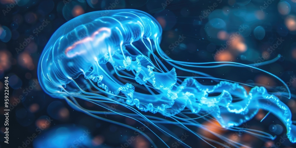 Sticker Close up of a luminous blue jellyfish with its delicate tentacles flowing gracefully emitting a captivating yet haunting glow that mesmerizes the ocean s depths