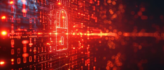 Digital security concept featuring a lock symbol amidst a backdrop of glowing binary code, representing data protection and encryption.