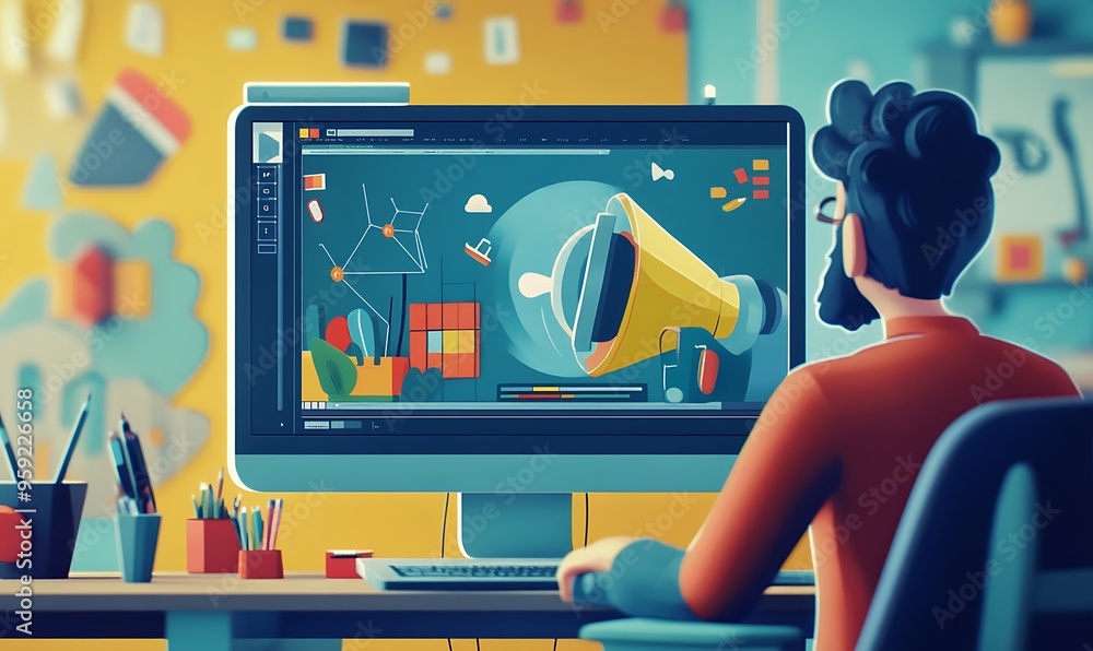 Poster 3d cartoon character designing on computer