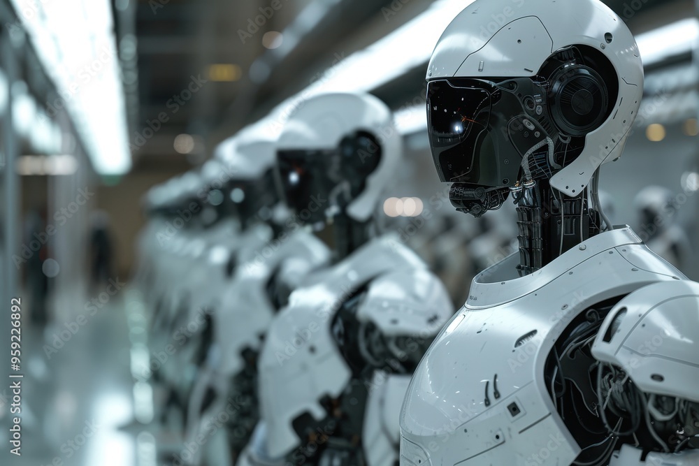 Poster a row of robots lined up in a room encounter a facility where robots and humans work side by side le