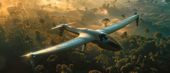 Fototapeta premium Futuristic aerial vehicle soaring above a lush forest landscape during sunrise, showcasing innovation and nature's beauty.