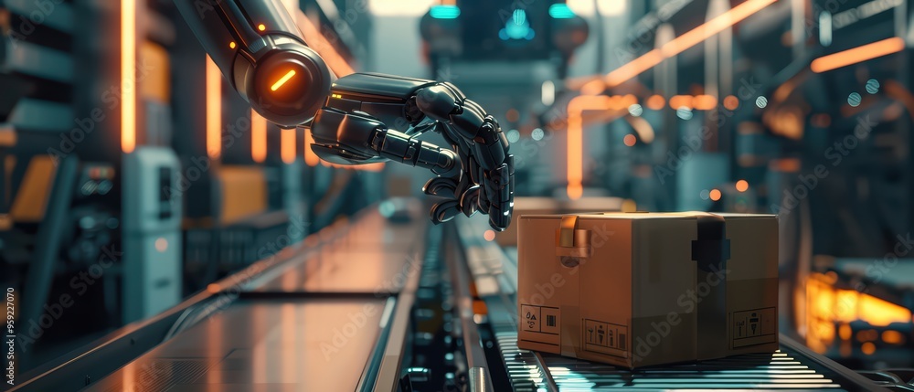 Aufkleber futuristic robot arm working in a high-tech warehouse, efficiently handling packages on a conveyor b