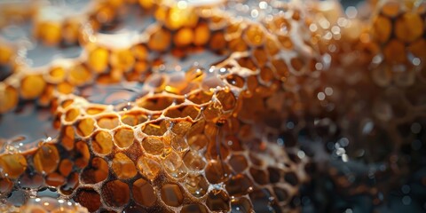Close up of aged honeycomb with remnants of honey Farm beekeeping bee breeding and honey extraction Selective focus
