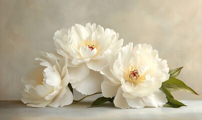 Three Delicate White Peonies with Green Foliage