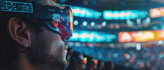 Futuristic gamer wearing augmented reality glasses at an immersive digital event, captivated by the vibrant screens around.