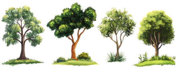 Watercolor trees illustration, nature landscape with trees, digital art print of trees, forest trees clipart, hand-drawn tree set