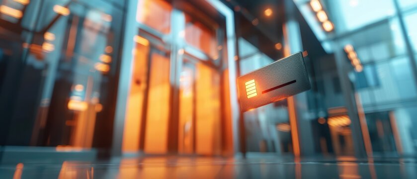 Futuristic elevator interior featuring a sleek card reader with glowing lights, set in a modern architectural space.