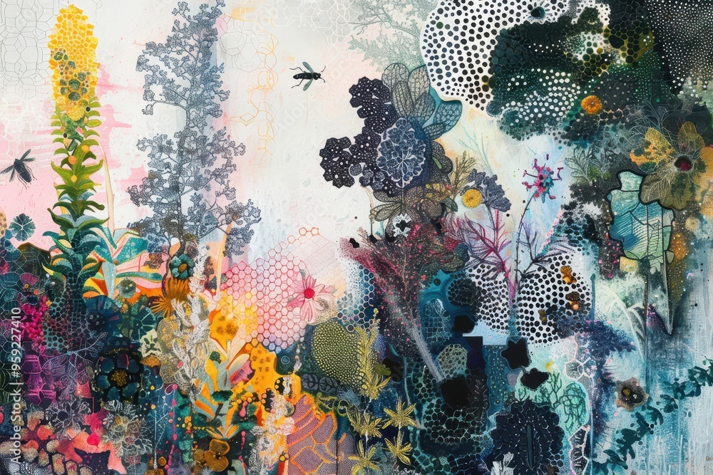 Poster a painting of a butterfly flying over a field of flowers abstract interpretation of Mars' atmosphere