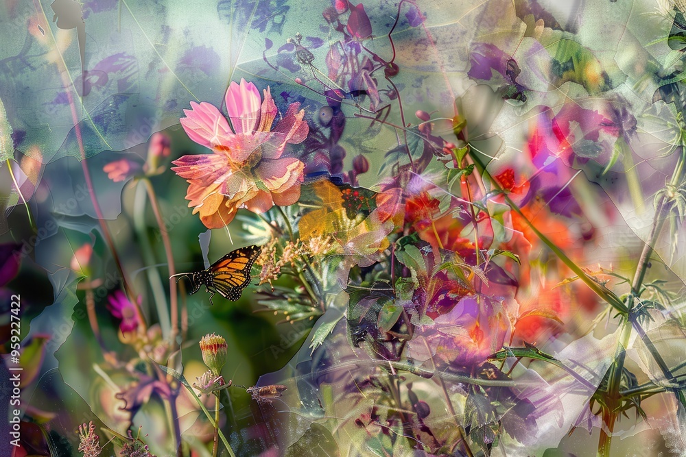 Aufkleber a painting of a butterfly flying over a field of flowers abstract interpretation of mars' atmosphere