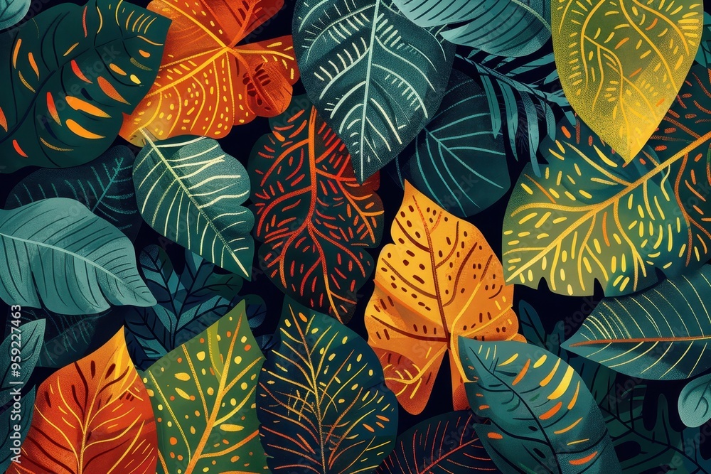 Poster a painting of a bunch of leaves Generate an illustration that showcases the intricate patterns and unique hues found in different types of leaves