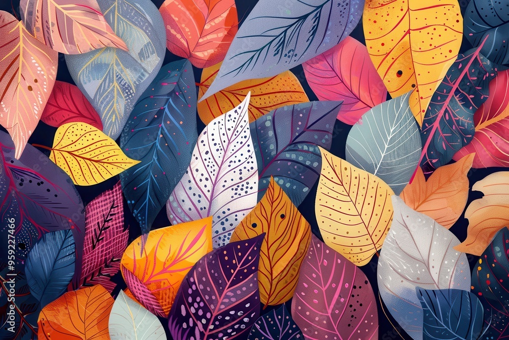 Poster a painting of a bunch of leaves Generate an illustration that showcases the intricate patterns and unique hues found in different types of leaves