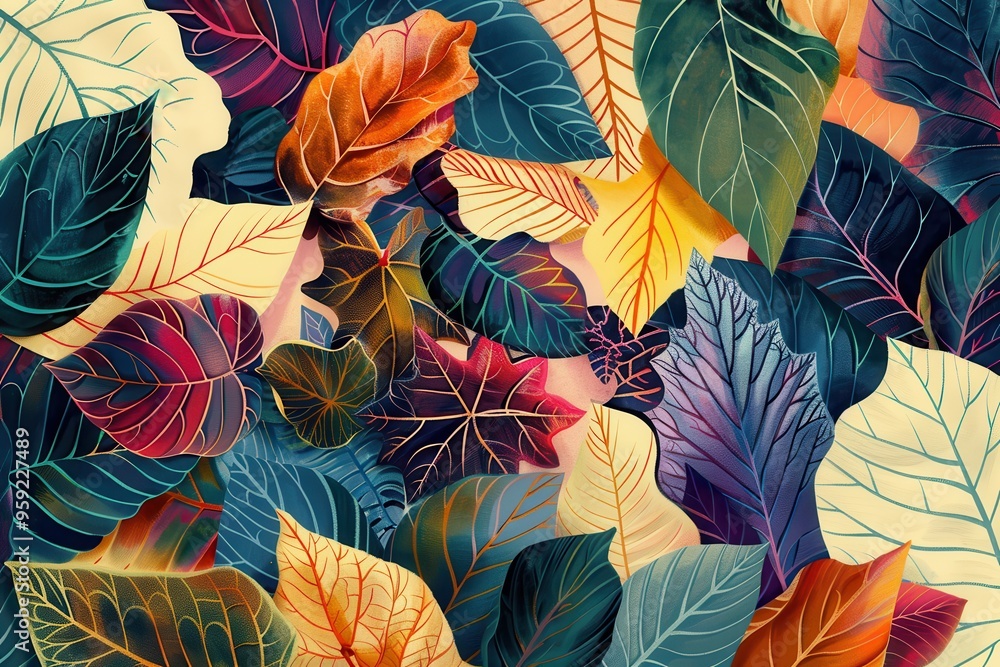 Poster a painting of a bunch of leaves generate an illustration that showcases the intricate patterns and u