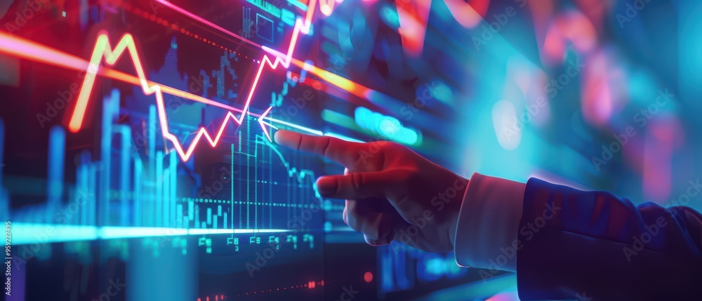 Poster person pointing at a digital financial chart with colorful data visualization, representing investme