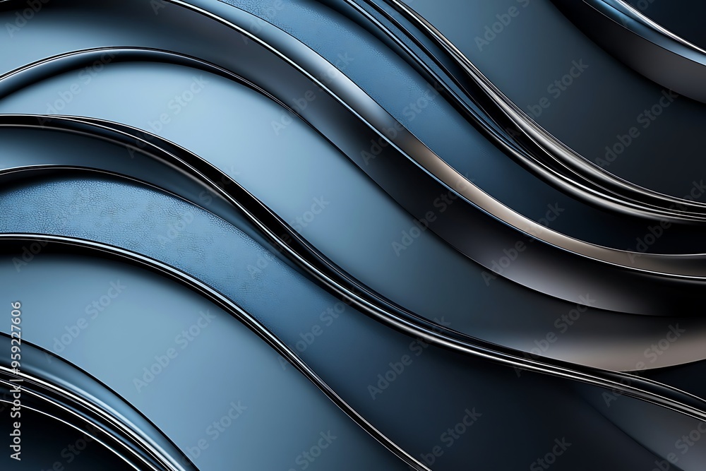 Poster 3d abstract with shiny metallic texture, featuring curved lines in slate blue and charcoal.