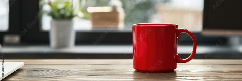 Poster red mug placed on a workspace in a professional setting