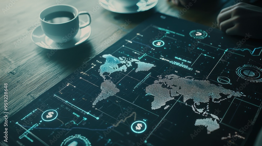 Aufkleber global business data analysis world map with dollar currency and charts