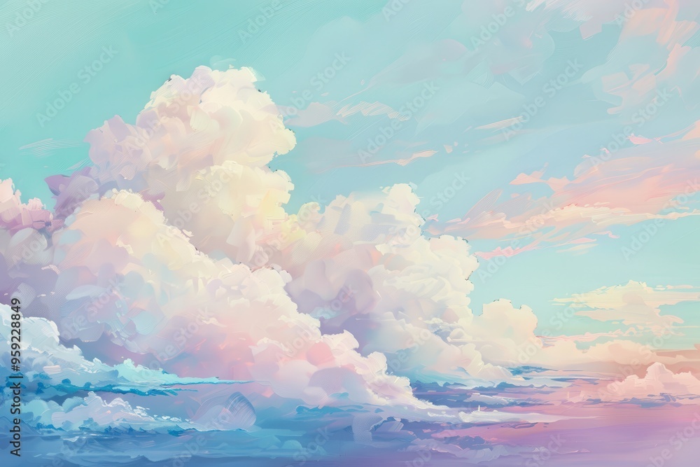 Poster a sky with clouds and a plane soft clouds floating amidst a pastel sky evoke peaceful thoughts and c