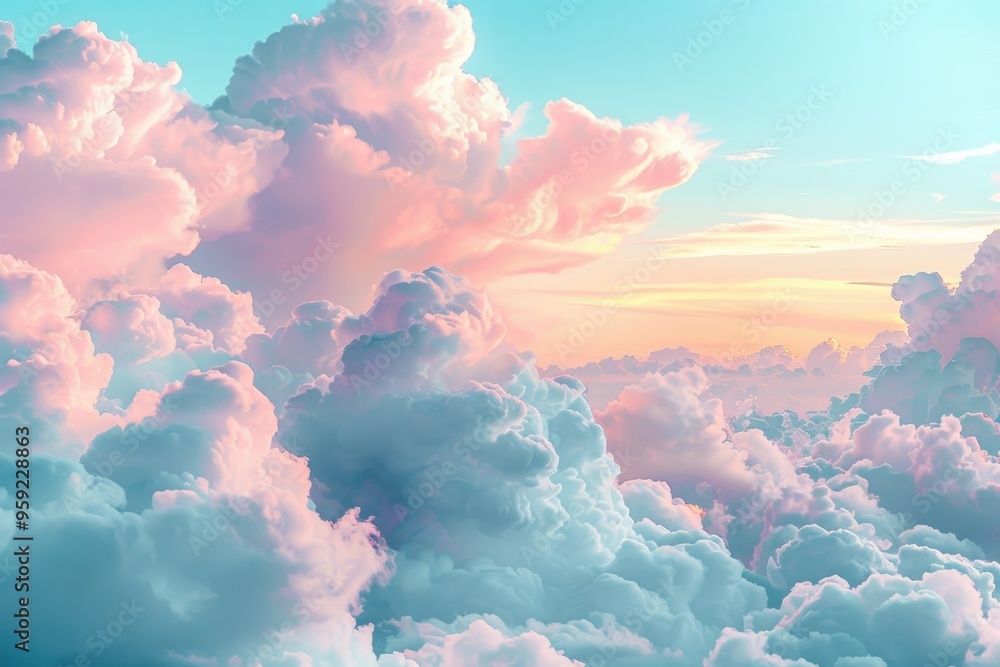 Poster a sky with clouds and a plane soft clouds floating amidst a pastel sky evoke peaceful thoughts and c