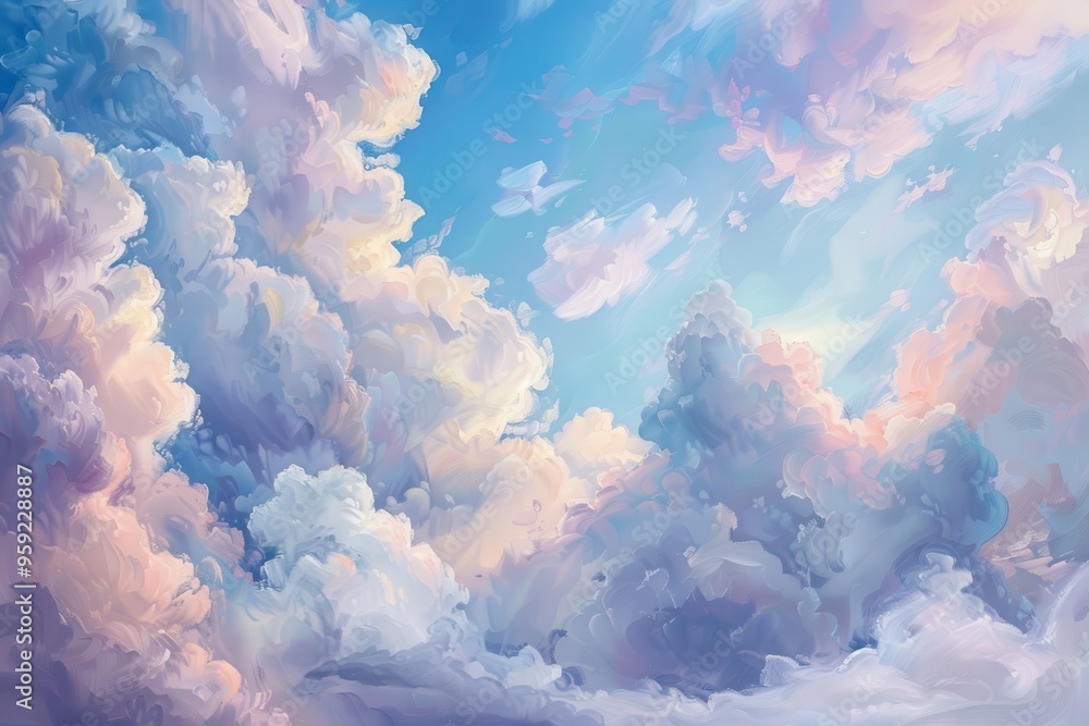 Poster a sky with clouds and a plane soft clouds floating amidst a pastel sky evoke peaceful thoughts and c