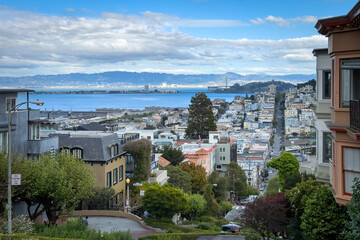 Scenic view of San Francisco, California, USA seen from Lombard Street at Russian Hill district...