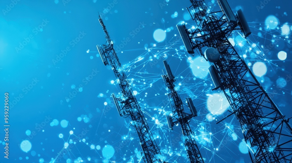 Poster cellular towers and network connection with bokeh background