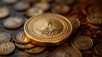 Golden Coin with a Bird Design on a Pile of Other Coins - Realistic Image