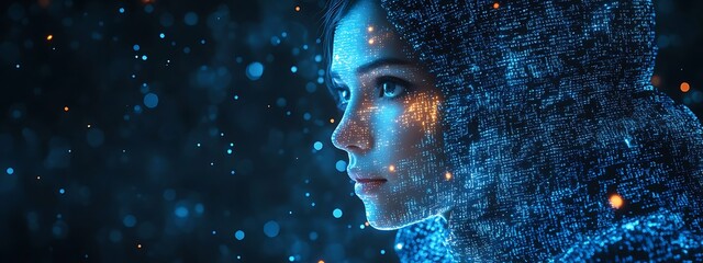 A blue digital hacker with glowing binary code, AI in cybersecurity systems, threat detection algorithms, penetration testing tools, and digital forensics analysis. cybercrime, cyber attack design,