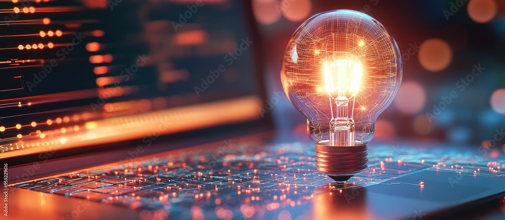 Poster conceptual illustration of a light bulb and microcircuits on a contemporary laptop backdrop represen