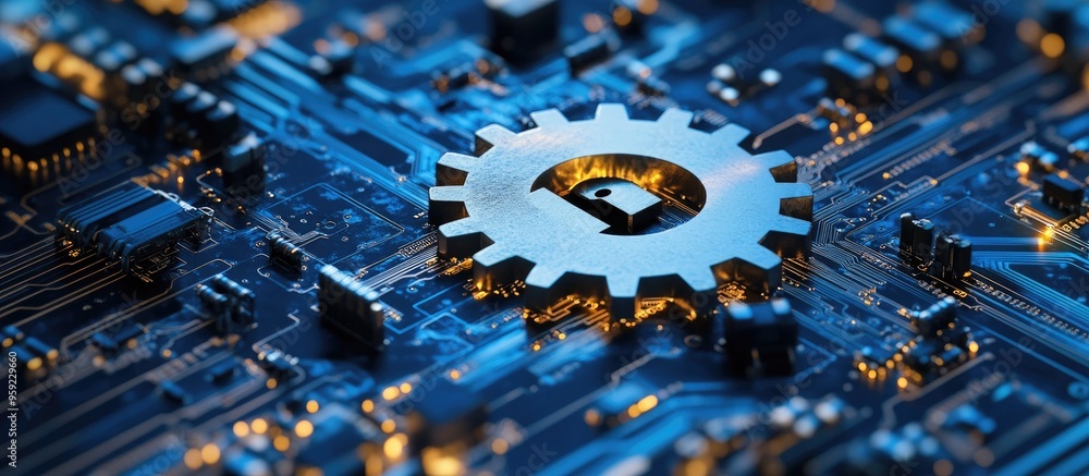 Poster circuit board featuring a gear and a lock symbolizing password protection for secure system login in