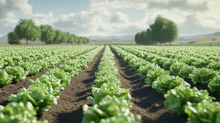 Rows of green leaf and lettuce crops thriving in a field on a farm