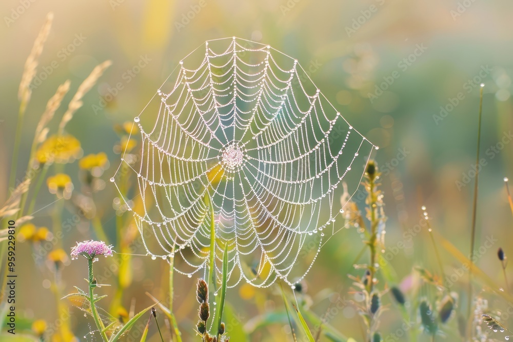 Poster a spider web in the middle of a field delicate patterns of a spider's web covered in dew